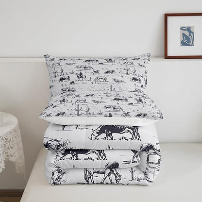 Feelyou Western Comforter Set Full Size, White and Black Cowboy Cow Bedding Set Cowboy Comforter Desert Cactus Duvet Set Soft Bed Set 3Pcs