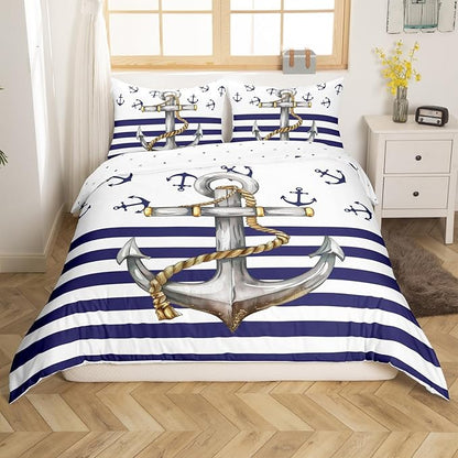 Castle Fairy Anchor Comforter Cover Queen Size, Blue Ocean Navigation Theme Print Duvet Cover Set for Children Bedroom Present, Dark Blue and White Stripes Decorative Bedding Set with 2 Pillowcases
