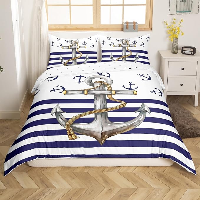 Castle Fairy Anchor Duvet Cover Full Size, Blue Ocean Navigation Theme Print Comforter Cover for Girls Teens Bedroom Present, Dark Blue and White Stripes Decorative Bedding Set with 2 Pillowcases