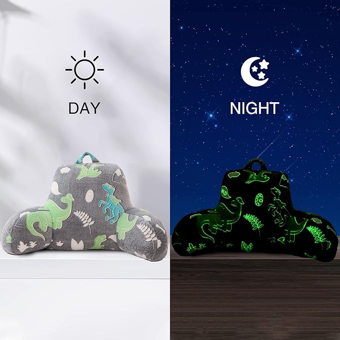 Aimuan Reading Pillow Glow in The Dark Bed Rest Wedge Kids Glow Backrest Pillow Dinosaur Print with Arms Back Support for Sitting Up in Bed Cushion, Green-Blue