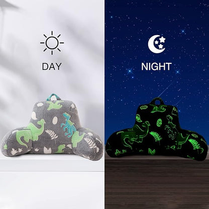 Aimuan Reading Pillow Glow in The Dark Bed Rest Wedge Kids Glow Backrest Pillow Dinosaur Print with Arms Back Support for Sitting Up in Bed Cushion, Green-Blue