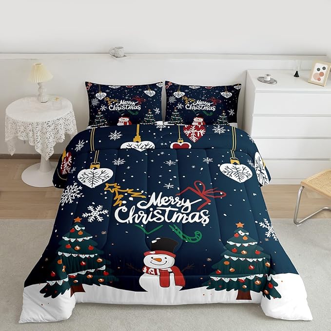 Erosebridal Snowflake Comforter Set for Kids Boys Girls,Cartoon Snowman Bedding Full,Merry Christmas Comforter Sets,Winter Xmas Tree Stars Duvet Insert with 2 Pillowcases