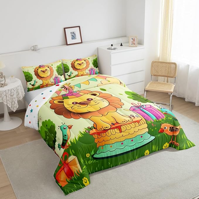 Cartoon Lion Bedding Set Toddler Size Happy Birthday Theme Comforter for Child Teens Cute Birds Animal Down Comforter Funny Fairy Tale Duvet Insert with 1 Pillowcase