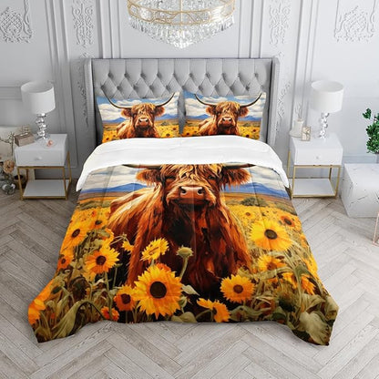 Cute Cow Print Comforter Set Twin Size Sunflower Sky Cloud Cow Bedding Set Farm Animals Cow Quilt Bed Set with 1 Comforter and 2 Pillowcases for Kids Boys Girls Room Decor