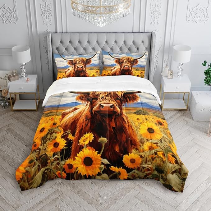 Cute Cow Print Comforter Set Queen Size Sunflower Sky Cloud Cow Bedding Set Farm Animals Cow Quilt Bed Set with 1 Comforter and 2 Pillowcases for Kids Boys Girls Room Decor, D-cow1