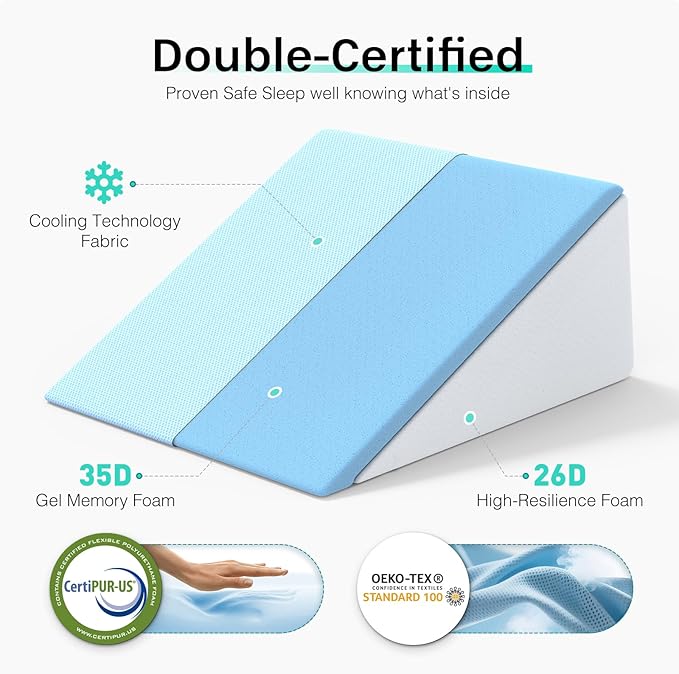 [2025 New 12" Memory Foam Wedge Pillow for Sleep Apnea, Sleeping, Acid Reflux Relief, Snoring, Dual Sided Cooling & Warm Fabric Triangle Pillow Wedge for After Surgery, Back, Leg - Blue
