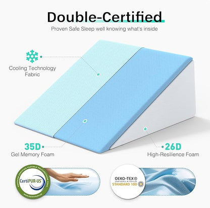 [2025 New 12" Memory Foam Wedge Pillow for Sleep Apnea, Sleeping, Acid Reflux Relief, Snoring, Dual Sided Cooling & Warm Fabric Triangle Pillow Wedge for After Surgery, Back, Leg - Blue