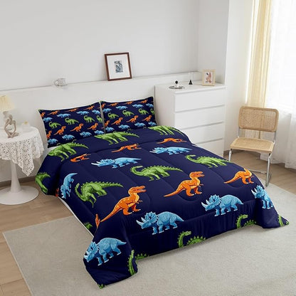Feelyou Cartoon Dinosaur Bedding Set Queen, Dark Blue Dinosaur Comforter Set for Kids Dinosaurs Print Comforter Boys Girls Jungle Dino Duvet Set Breathable Bedroom Decor with 2 Pillow Case