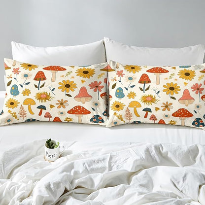 Castle Fairy Retro Mushroom Flowers Duvet Cover Set King Size,70s 60s Groovy Comforter with 2 Pillowcases,Vintage Boho Plant Floral Modern Bedding for Adult Young Bedroom Xmas Gift