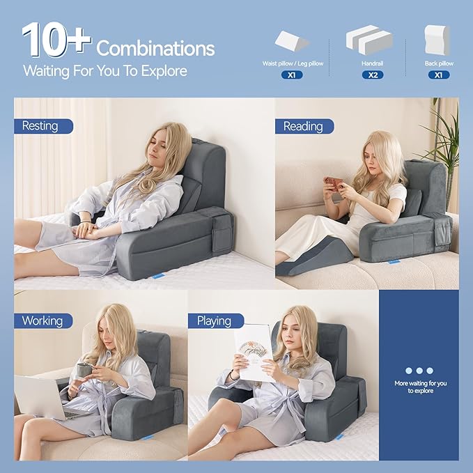Kayfia Reading Pillow, 10 in 1 Back Pillow for Bed Sitting up with Detachable Arms Rest, Back Rest with Gel Memory Foam, Husband Pillow for Reading/Gaming/Working in Bed or Couch 21'', Gray