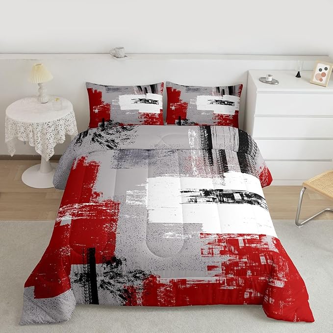 Feelyou Abstract Bedding Set Comforter Set for Kids Boys Children Modern Abstract Art Comforter Ultra Soft Decor Red Grey White Duvet Set Twin Size