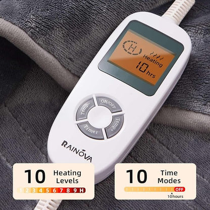 RAINOVA Heated Blanket, Electric Blanket-50''x60'', Soft Flannel Heating Blanket, 10-Level Heating, 10-Hour Auto-Off, Gifts for Parents and Elders, Gray, ETL & FCC Certified