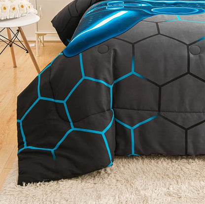NTBED 5pcs Game Console Comforter Set for Boys Girls Kids Gaming Geometric Bed in a Bag Lightweight Microfiber Gamer Bedding Sets (Blue, Twin)