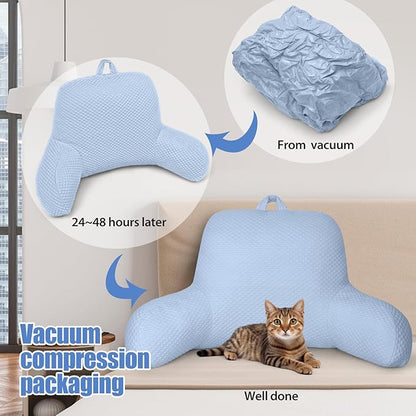 Reading Pillow, Silk Back Support Pillow for Bed Sitting Up, Large Bed Rest Pillow with Arms for Adults,Back Support Pillow for Couch and Chair, Blue