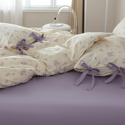 AOJIM Purple Floral Bedding Duvet Cover Full Size, Soft Cotton Comforter Cover Set 3pcs for Kids Adults, 1 Skin-friendly Duvet Cover 80x90'' with Zipper Closure and 2 Pillowcases with Bowknot,No Quilt