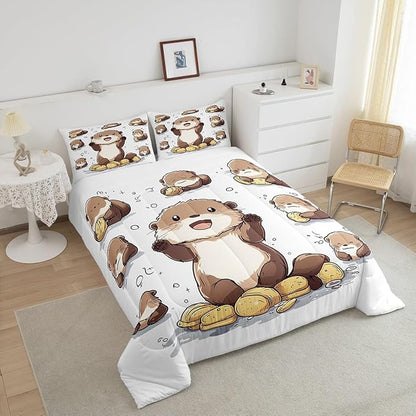 Cute Otter Bedding Sets Cartoon Lovely Wild Animal Comforter Set for Kids Boys Girls Teens Black Bubble Graffiti Hippie Rustic Style Comforter Duvet Set with 2 Pillowcases Full Size 3 Pcs