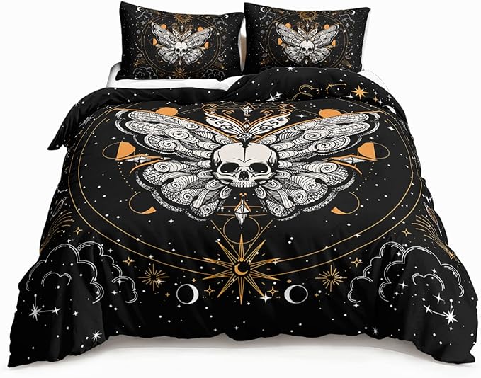 HOSIMA Butterfly Bedding Set for Girls， Gothic Skull Boho Comforter Cover Decor for Bedroom, Sun and Moon Pattern Duvet Cover Twin Size.(No Comforter)