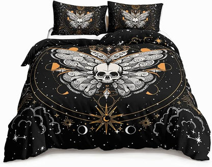 HOSIMA Butterfly Bedding Set for Girls， Gothic Skull Boho Comforter Cover Decor for Bedroom, Sun and Moon Pattern Duvet Cover Full Size.(No Comforter)
