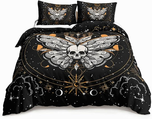 HOSIMA Butterfly Bedding Set for Girls， Gothic Skull Boho Comforter Cover Decor for Bedroom, Sun and Moon Pattern Duvet Cover Full Size.(No Comforter)