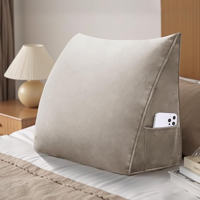 Wedge Headboard Reading Pillow for Bed Velvet Triangular Backrest Bolster Pillow for Sitting Up Daybed Cushion Lumbar Body Support Positioning for Headboard, Couch, Dorm, Camel