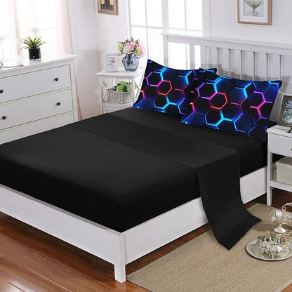 Geometric Queen Comforter Set,Colorful Neon Lights Honeycomb Bedding Set 7 Piece with Comforter Fitted Sheet Flat Sheet Pillowcases,Bed Sets Geometry Decor,Microfiber Lightweight All Season.