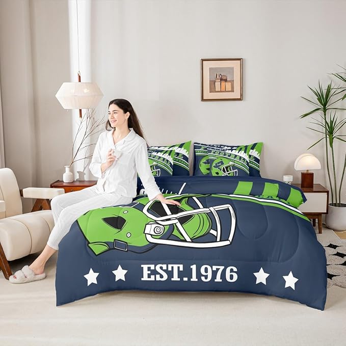 Erosebridal Full Size Sports City Bedding Sets, Gridiron Seasonal Comforter Rugby Sports Decor Comforter + Flat Sheet + Fitted Sheet + 2 Pillowcases + 2 Throw Pillow Covers