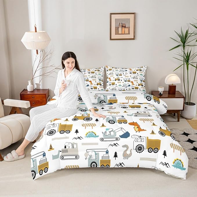 Feelyou Construction Bedding Set Full Size Equipment Trucks Comforter Set for Kids Boys Girls Decor Dinosaur Comforter 3D Digital Print Yellow Duvet Set Bedroom Quilt Set
