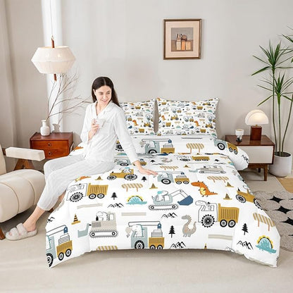 Feelyou Construction Bedding Set Full Size Equipment Trucks Comforter Set for Kids Boys Girls Decor Dinosaur Comforter 3D Digital Print Yellow Duvet Set Bedroom Quilt Set