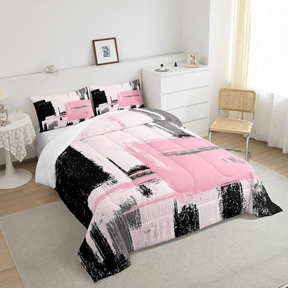 Feelyou Abstract Comforter Modern Abstract Art Comforter Set for Boys Girls Children Pink Black Pattern Bedding Set Room Decor King Size Duvet Set 3Pcs