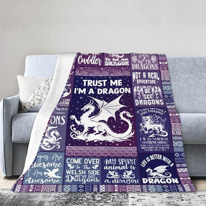 Dragon Blanket for Boys Girls, Cute Dragon Themed Design Printed Purple Throw Blankets for Kids Lap, Chair Sofa, Warm Soft Cozy Blanket, 40"x 50"