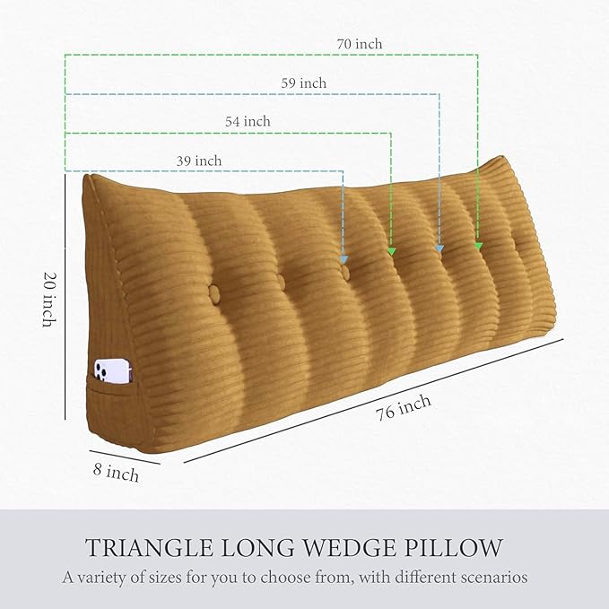 Wedge Headboard Pillow Dorm Room Reading Pillow Back Support for Sitting Up in Bed Bolster Lumbar Cushion Body Positioning Bedrest Corduroy (Khaki, Full (54 * 8 * 20in))