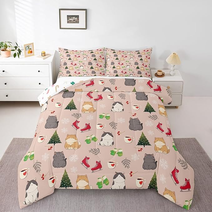 Erosebridal Christmas Cat Comforter Set for Kids Boys Girls,Merry Christmas Toddler Bedding Set,Winter Snowflake Down Comforter,Xmas Tree Holiday Reversible Bed Set with 1 Pillowcase for Bedroom