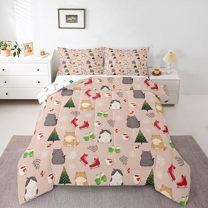 Erosebridal Christmas Cat Comforter Set Twin for Kids Boys Girls,Merry Christmas Bedding Set,Winter Snowflake Down Comforter,Xmas Tree Holiday Reversible Bed Set with 1 Pillowcase Warm