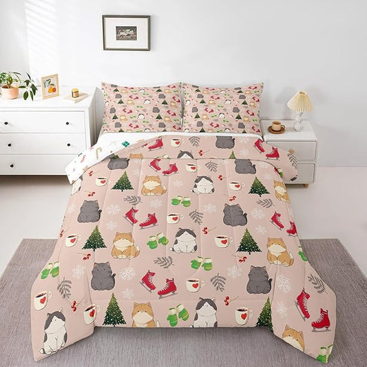 Erosebridal Christmas Cat Comforter Set Full for Kids Boys Girls,Merry Christmas Bedding Set,Winter Snowflake Down Comforter,Xmas Tree Holiday Reversible Bed Set with 2 Pillowcases Lightweight