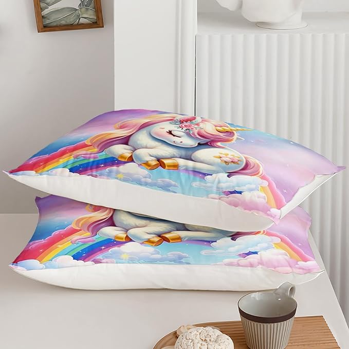 Unicorn Kids Bedding Set for Girls Twin Size, Pink Unicorn Rainbow Comforter Set, Bedroom Decor with 2 Pillowcases for All Season