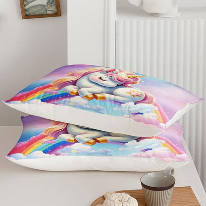 Unicorn Kids Bedding Set for Girls Queen Size, Pink Unicorn Rainbow Comforter Set, Bedroom Decor with 2 Pillowcases for All Season