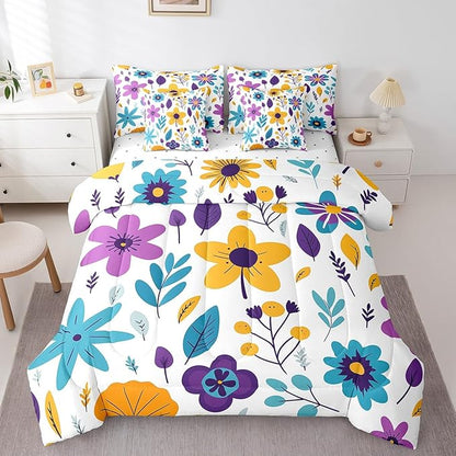 Feelyou Cute Flower Comforter Set with Sheets King Cute Flower Floral 7 Piece Bedding Set for Kids Girls Teens Toddler Cartoon Floral Bed in a Bag Yellow Purple Bed Set