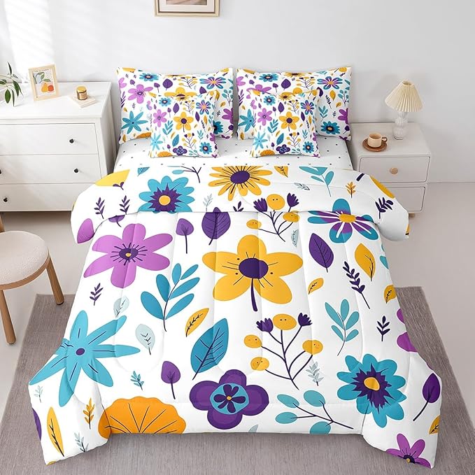 Feelyou Cute Flower Comforter Set with Sheets Twin Cute Flower Floral 7 Piece Bedding Set for Kids Girls Teens Toddler Cartoon Floral Bed in a Bag Yellow Purple Bed Set