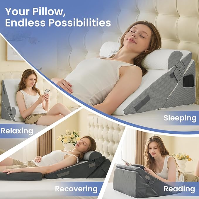 Sasttie Wedge Pillow Set for After Surgery, 3PCS Adjustable Bed Wedge Pillow Headboard with Memory Foam Neck Cushion – for Acid Reflux, Sleeping, Neck & Back Support, Sage