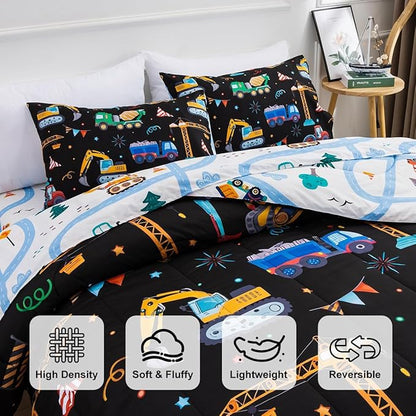 Holawakaka Trucks Tractors Cars Boy Bedding Comforter Set with Sheets, Full Size Cartoon Construction Car Excavator Print Kids Bed in A Bag 5-Piece, Boys Reversible Dorm Bed Sets (Black Full)