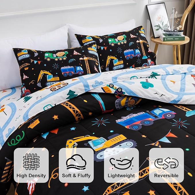 Holawakaka Trucks Tractors Cars Boy Bedding Comforter Set with Sheets, Twin Size Cartoon Construction Car Excavator Print Kids Bed in A Bag 5-Piece, Boys Reversible Dorm Bed Sets (Black Twin)