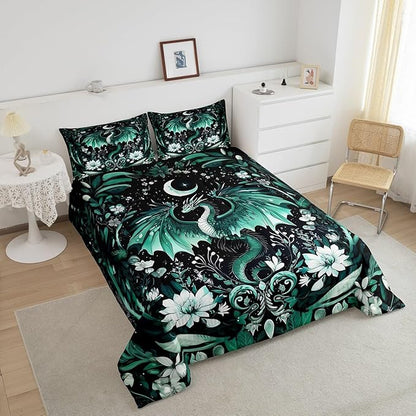 Feelyou Kids Dragon Comforter Set Queen Size, Green Dragon Bedding Set for Kids Boys Girls Boho Duvet Insert Room Decor 3Pcs