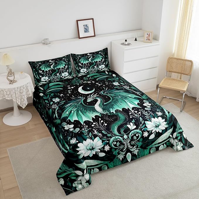 Feelyou Kids Dragon Comforter Set Twin Size, Green Dragon Bedding Set Dragon Lovers Comforter for Kids Boys Girls Boho Duvet Insert Room Decor 2Pcs