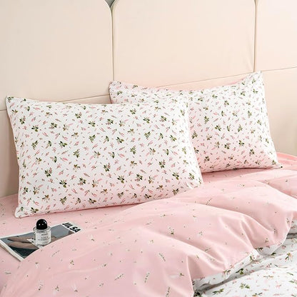 Duvet Cover King Floral 100% Brushed Microfiber 3 Pieces Fresh Chic Garden Style Pink Botanical Flower Printed Pattern King Floral Duvet Cover with Zipper Closure