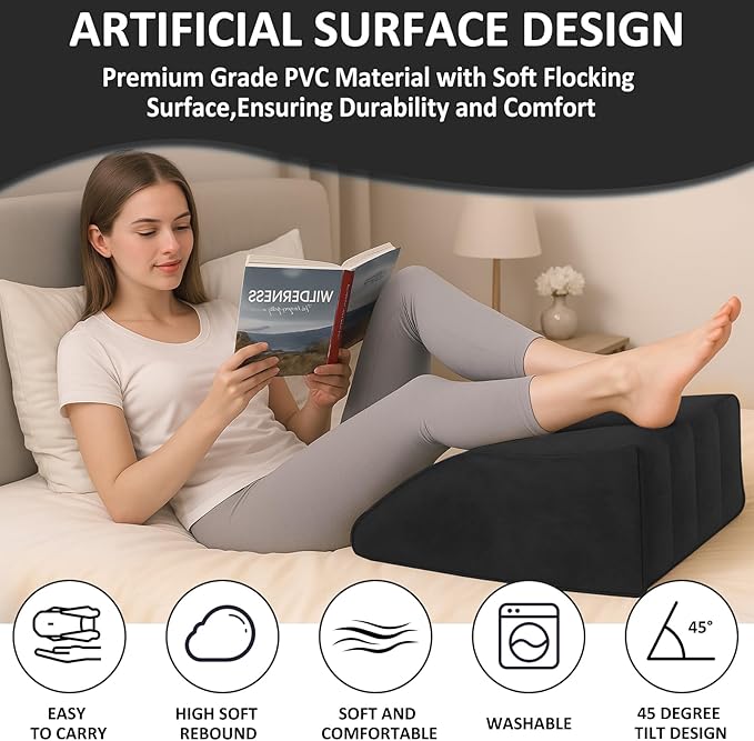 Inflatable Wedge Pillow for Leg Swelling – Leg Elevation Pillow for After Surgery & Circulation, Inflatable Leg Support Pillow with Adjustable Silk Sleep Mask for Travel,Reading,Bed & Sofa Comfort