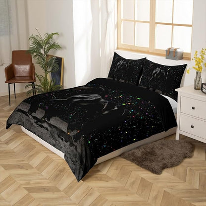 Castle Fairy Black Horse Comforter Cover Full Size,Colorful Shiny Starry Sky Duvet Cover with 2 Pillowcases,3 Piece,Animal and Space Themed Polyester Bedding Set for Boys Teens Bedroom Decor