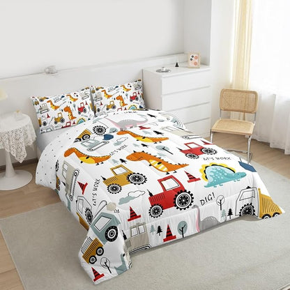 Feelyou Construction Comforter Set Kids Cartoon Dinosaur Comforter Cover Set for Boys Equipment Trucks Bedding Set Construction Vehicles Kawaii Jungle Dino Duvet Set Room Decor Twin With 1 Pillow Case