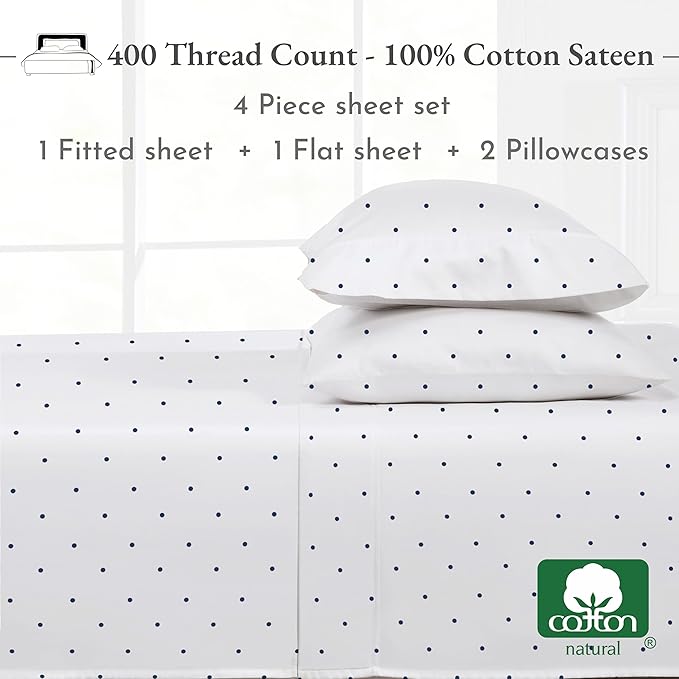 California Design Den California King Sheet Sets - 400 Thread Count Sateen, Natural 100% Cotton Bed Sheets Set, Deep Pocket and Durable Bedding - Polka Dot