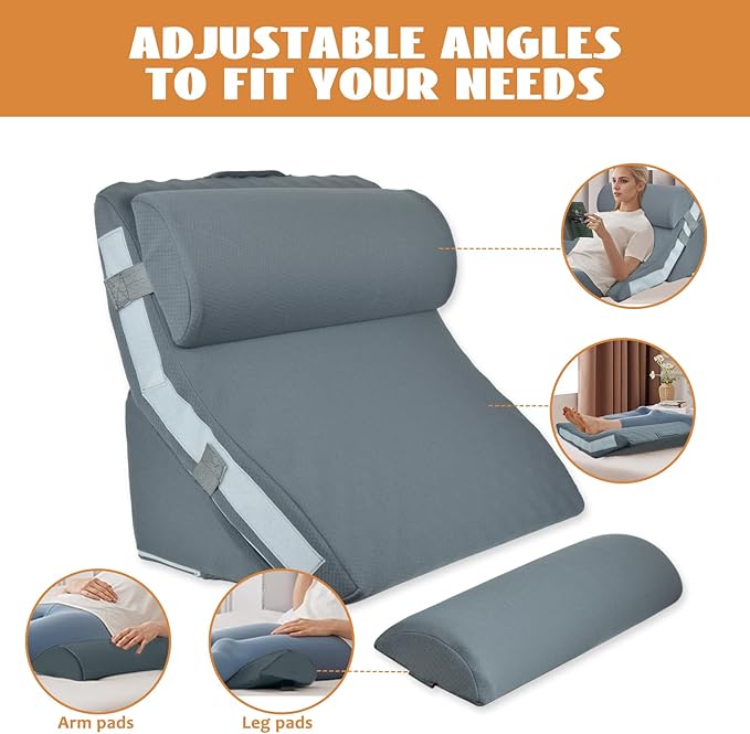 4PCS Orthopedic Bed Wedge Pillow Set, Adjustable Curve Memory Foam Wedge Pillow, Pillow Wedges for Post Surgery, Back Pain Relief, Triangle Pillows for Acid Reflux, Snoring, GERD, Grey