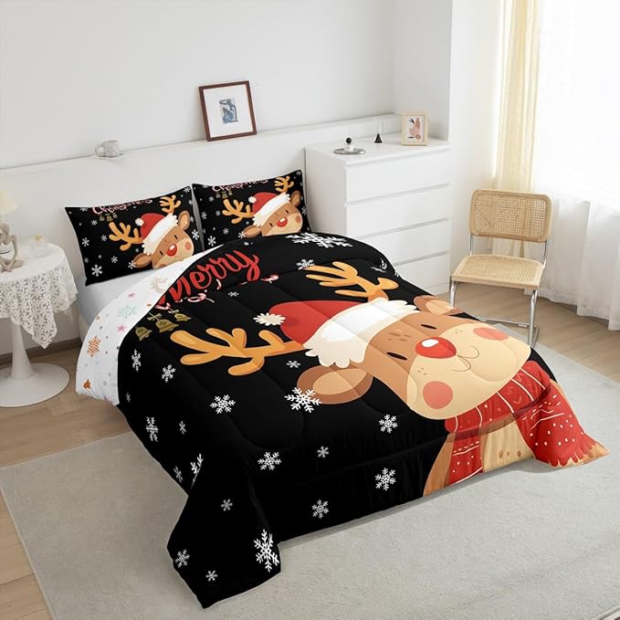 Cartoon Deer Reindeer Comforter Set King,Merry Christmas Bedding Set for Kids Boys Girls,Xmas Snowflake Duvet Insert Bedroom Decor,Happy New Year Gift Down Comforter with 2 Pillowcases Soft